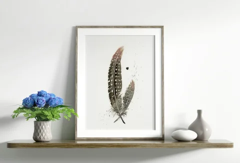 Image of a feather watercolor painting by Shayna Larsen, originals & prints available