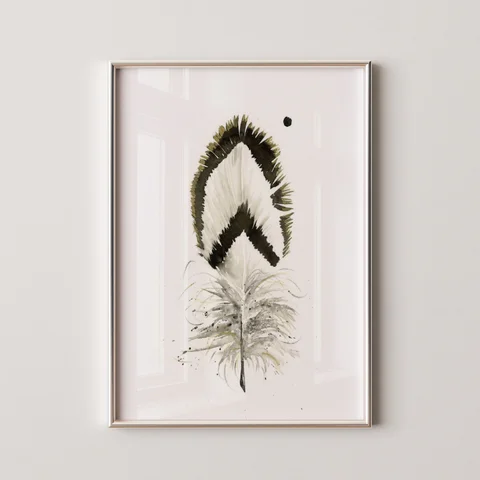 Image of a feather watercolor painting by Shayna Larsen, originals & prints available