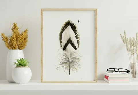 Image of a feather watercolor painting by Shayna Larsen, originals & prints available
