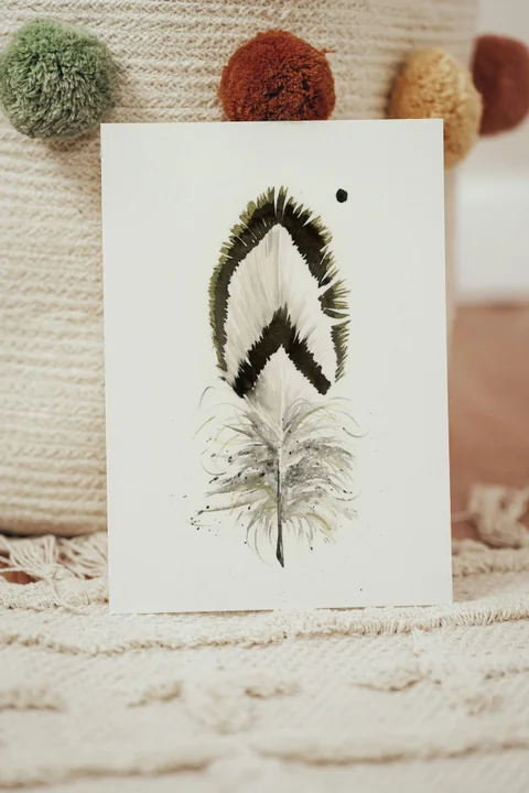 Image of a feather watercolor painting by Shayna Larsen, originals & prints available