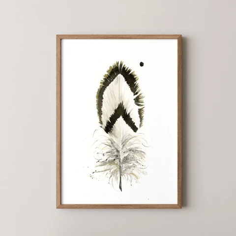 Image of a feather watercolor painting by Shayna Larsen, originals & prints available