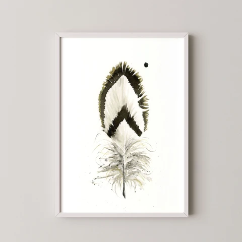 Image of a feather watercolor painting by Shayna Larsen, originals & prints available