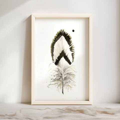 Image of a feather watercolor painting by Shayna Larsen, originals & prints available