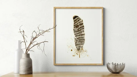 Image of a feather watercolor painting by Shayna Larsen, originals & prints available