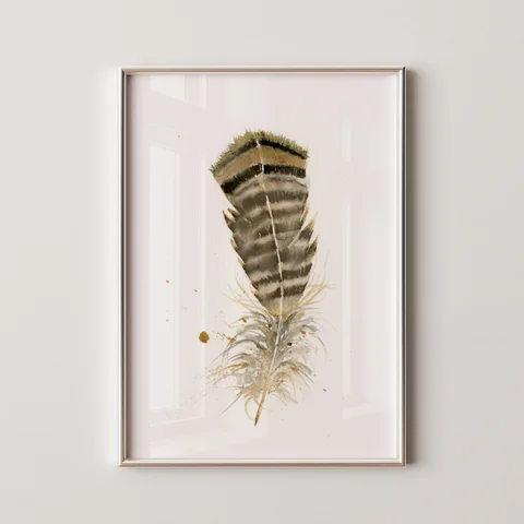 Image of a feather watercolor painting by Shayna Larsen, originals & prints available
