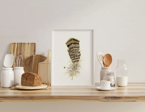 Image of a feather watercolor painting by Shayna Larsen, originals & prints available