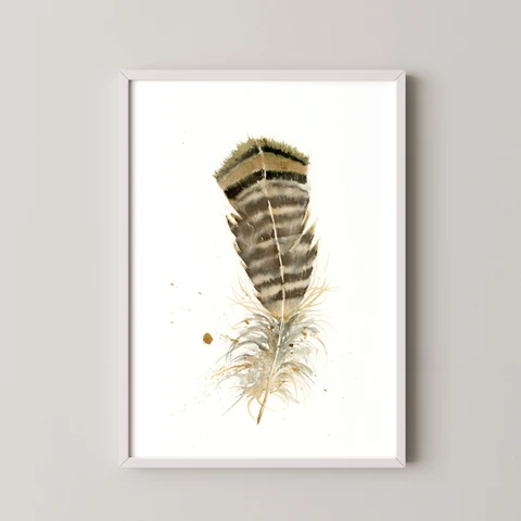 Image of a feather watercolor painting by Shayna Larsen, originals & prints available