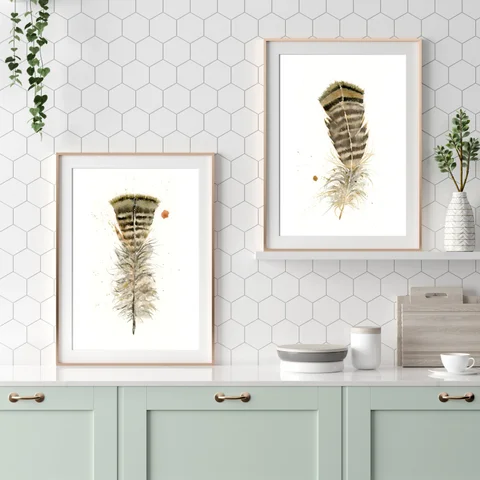 Image of a feather watercolor painting by Shayna Larsen, originals & prints available