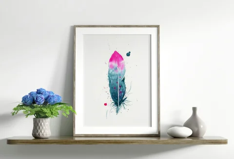Image of a feather watercolor painting by Shayna Larsen, originals & prints available