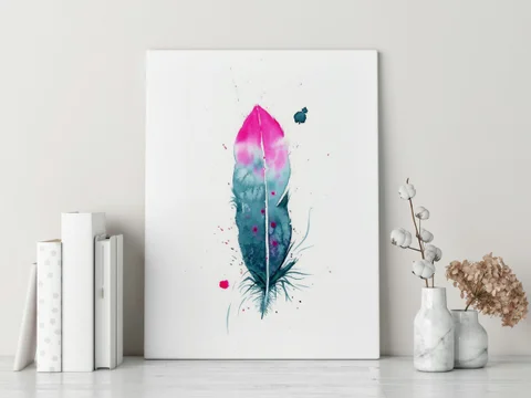 Image of a feather watercolor painting by Shayna Larsen, originals & prints available