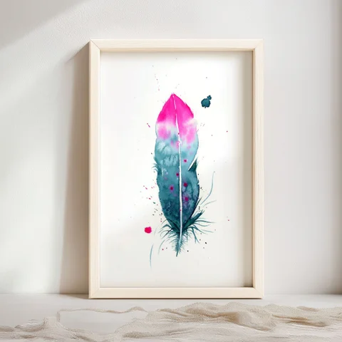 Image of a feather watercolor painting by Shayna Larsen, originals & prints available