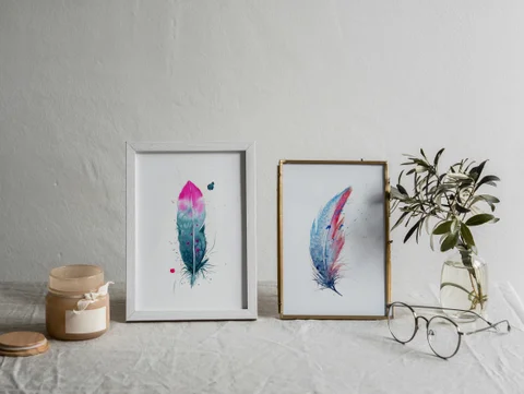 Image of a feather watercolor painting by Shayna Larsen, originals & prints available