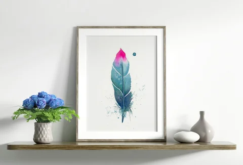 Image of a feather watercolor painting by Shayna Larsen, originals & prints available