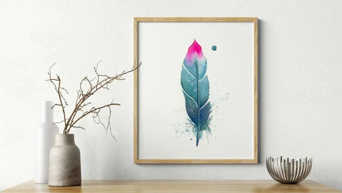 Image of a feather watercolor painting by Shayna Larsen, originals & prints available