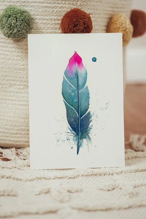 Image of a feather watercolor painting by Shayna Larsen, originals & prints available