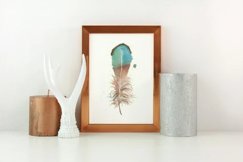 Image of a feather watercolor painting by Shayna Larsen, originals & prints available
