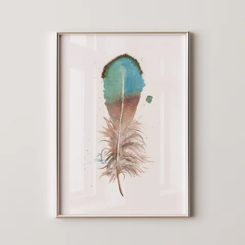Image of a feather watercolor painting by Shayna Larsen, originals & prints available