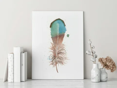 Image of a feather watercolor painting by Shayna Larsen, originals & prints available