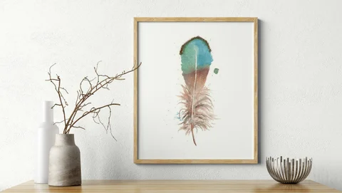 Image of a feather watercolor painting by Shayna Larsen, originals & prints available