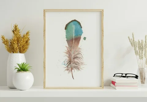 Image of a feather watercolor painting by Shayna Larsen, originals & prints available