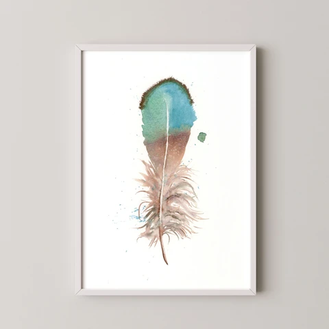 Image of a feather watercolor painting by Shayna Larsen, originals & prints available