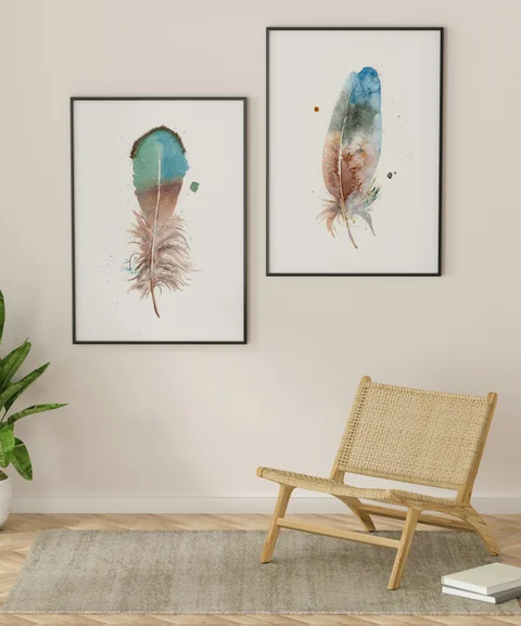 Image of a feather watercolor painting by Shayna Larsen, originals & prints available