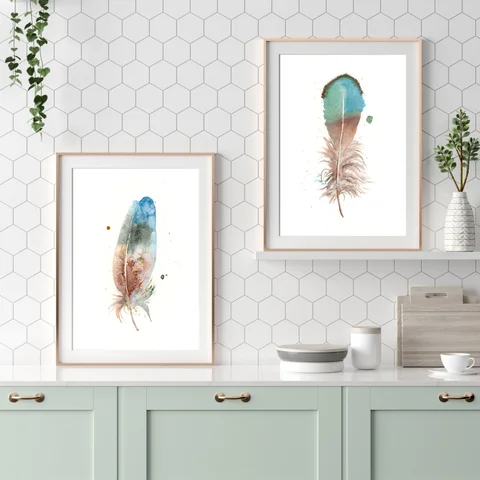 Image of a feather watercolor painting by Shayna Larsen, originals & prints available