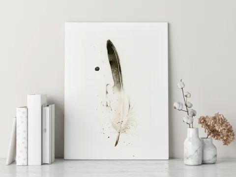 Image of a feather watercolor painting by Shayna Larsen, originals & prints available