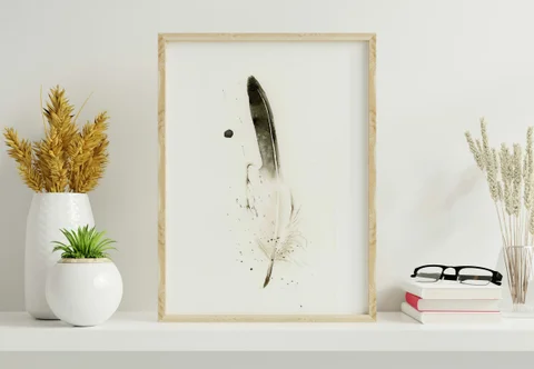 Image of a feather watercolor painting by Shayna Larsen, originals & prints available