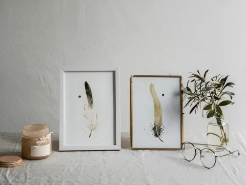 Image of a feather watercolor painting by Shayna Larsen, originals & prints available