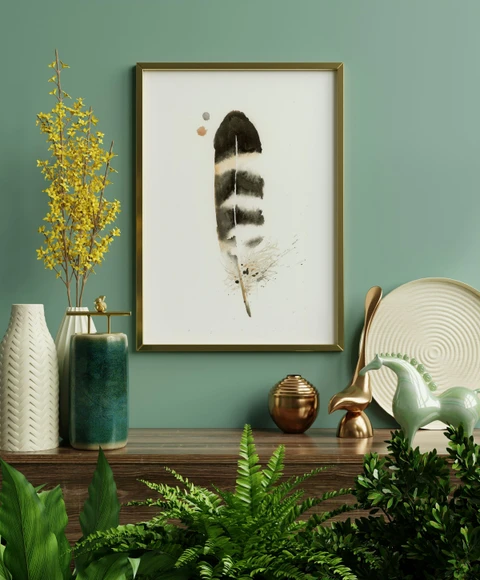 Image of a feather watercolor painting by Shayna Larsen, originals & prints available