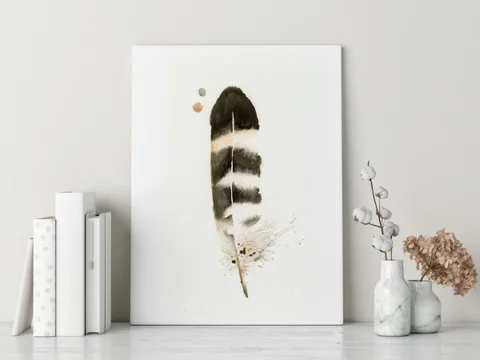 Image of a feather watercolor painting by Shayna Larsen, originals & prints available