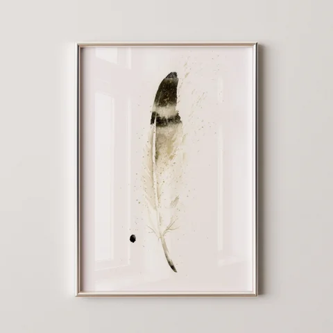 Image of a feather watercolor painting by Shayna Larsen, originals & prints available