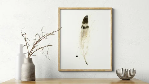 Image of a feather watercolor painting by Shayna Larsen, originals & prints available