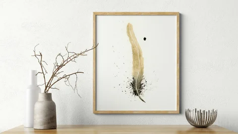 Image of a feather watercolor painting by Shayna Larsen, originals & prints available