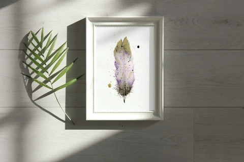 Image of a feather watercolor painting by Shayna Larsen, originals & prints available