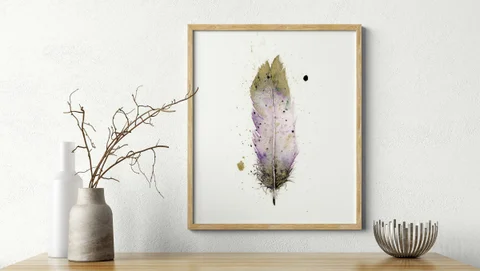 Image of a feather watercolor painting by Shayna Larsen, originals & prints available