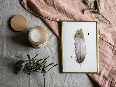 Image of a feather watercolor painting by Shayna Larsen, originals & prints available