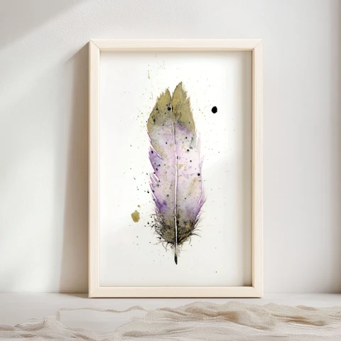 Image of a feather watercolor painting by Shayna Larsen, originals & prints available