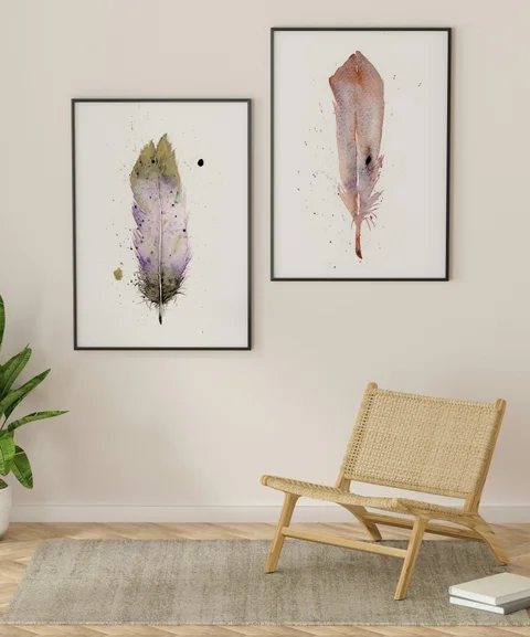 Image of a feather watercolor painting by Shayna Larsen, originals & prints available