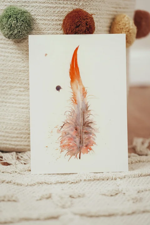 Image of a feather watercolor painting by Shayna Larsen, originals & prints available