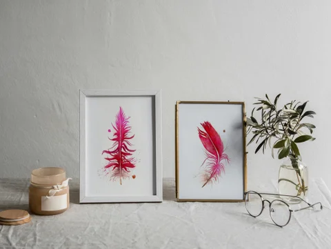 Image of a feather watercolor painting by Shayna Larsen, originals & prints available