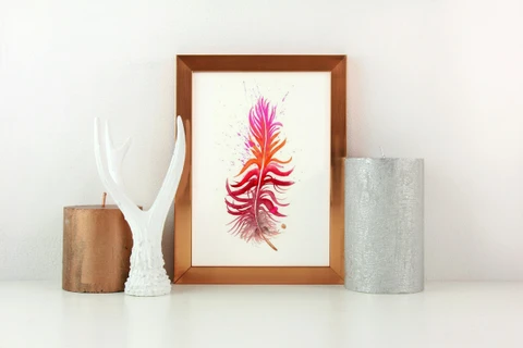 Image of a feather watercolor painting by Shayna Larsen, originals & prints available