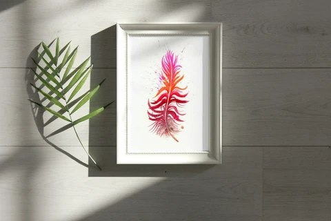 Image of a feather watercolor painting by Shayna Larsen, originals & prints available