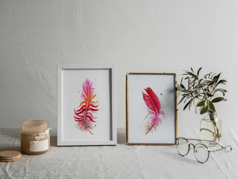 Image of a feather watercolor painting by Shayna Larsen, originals & prints available