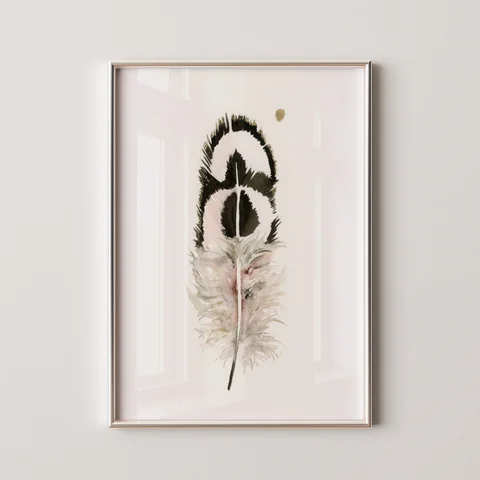 Image of a feather watercolor painting by Shayna Larsen, originals & prints available