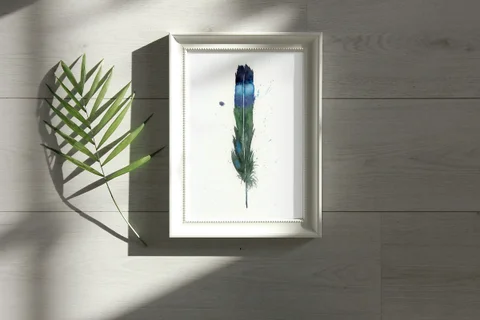 Image of a feather watercolor painting by Shayna Larsen, originals & prints available