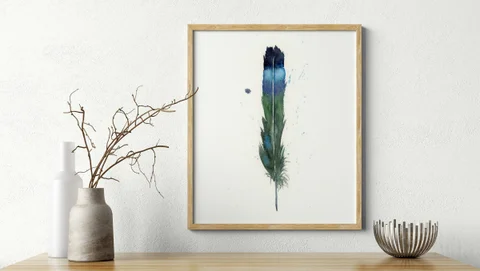 Image of a feather watercolor painting by Shayna Larsen, originals & prints available