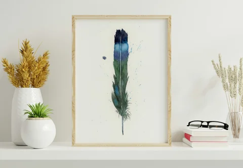 Image of a feather watercolor painting by Shayna Larsen, originals & prints available
