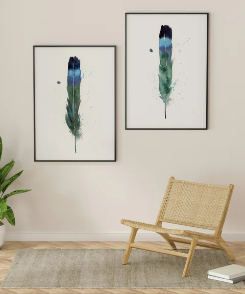 Image of a feather watercolor painting by Shayna Larsen, originals & prints available